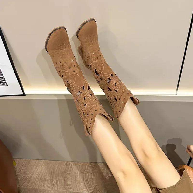 Fashion Hollow Embroidered Retro Western Boots Women Pu Leather Knight Booties New 2025 Autumn Chunky Heels Knee High Woman Cowboy Boots