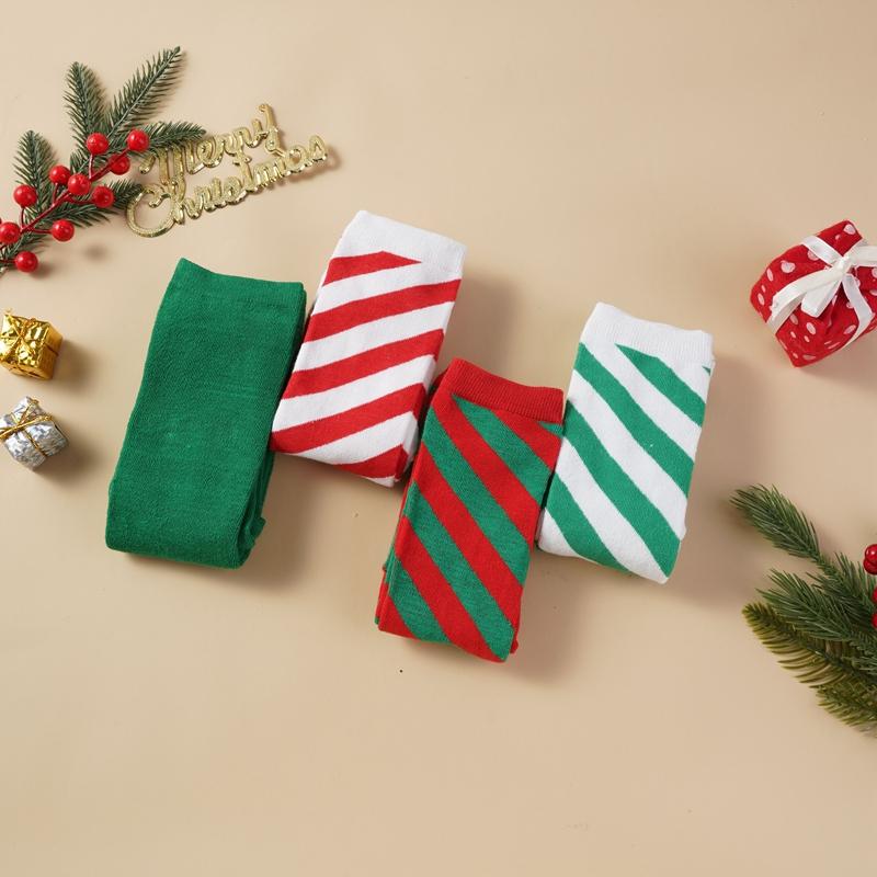 Christmas Green Red Cotton Stocking Striped Over The Knee Bowknot Long Socks