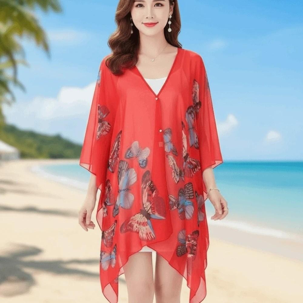 Breathable Thin Large Scarf with Buckle Seaside Vacation Cloak Sunscreen Butterfly Shawl  Gift