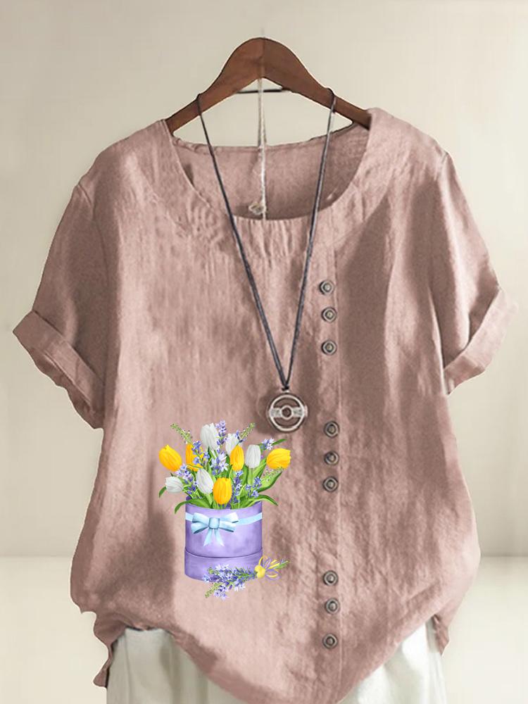 Women s Fashion Multi Colored Flowers Print Shot Sleeve T-shirt Loose Cotton Shirt Casual Loose Summer Blouse Tops Plus Size S розовый