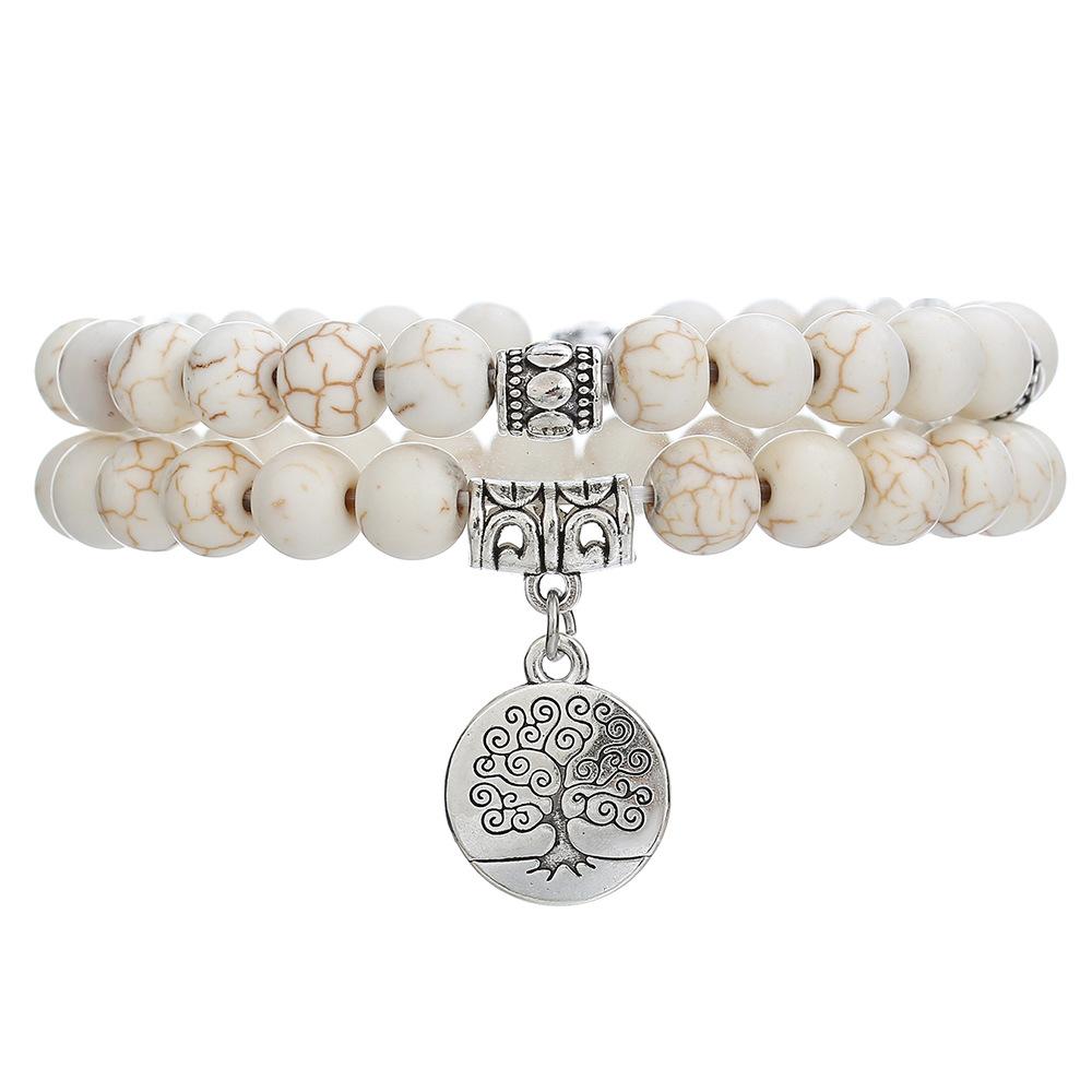 Turquoise Bracelet Tree of Life Pendant Bracelet 8mm White Turquoise Bracelet Two-piece Set