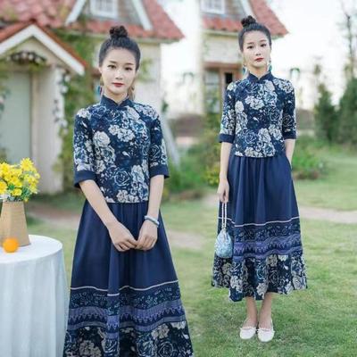 Chinese Ethnic Style Retro Printed Top And Skirt Two-piece Women's Suit