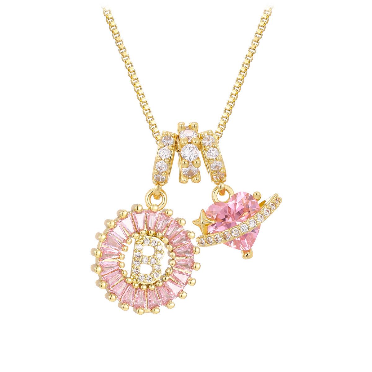Pink Rock Candy 26-Letter Diamond Necklace with Gold-Plated Zircon and Round Flower Pendant