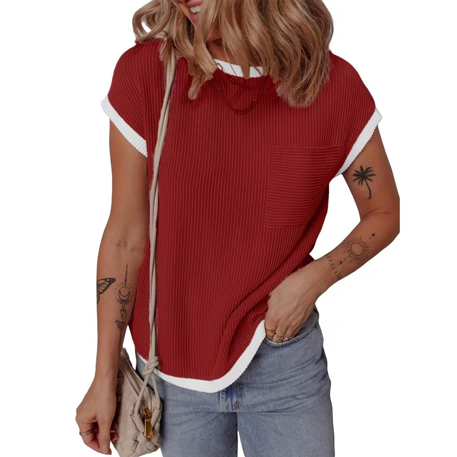 

Женская однотонная повседневная футболка с круглым вырезом, цветной пуловер с коротким рукавом XL винный