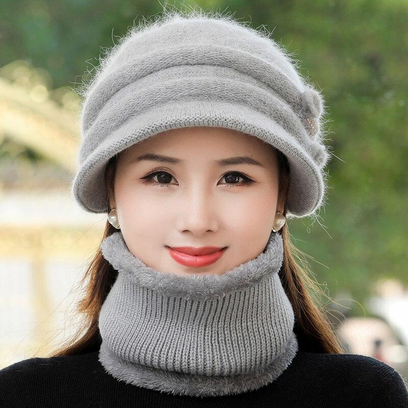 New Women Winter Hat Keep Warm Mom Cap Add Fur Lined Warm Set Hat For Female Casual Rabbit Fur Bucket Knitted Hat