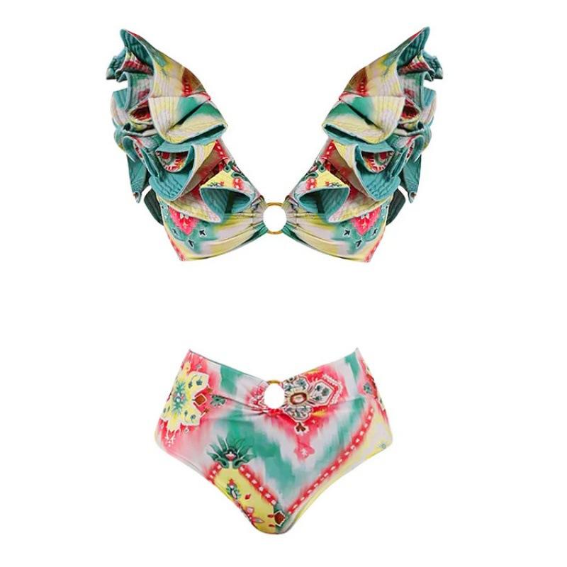 European and American bikini printed lotus leaf edge high waist split swimsuit beautiful suit women S