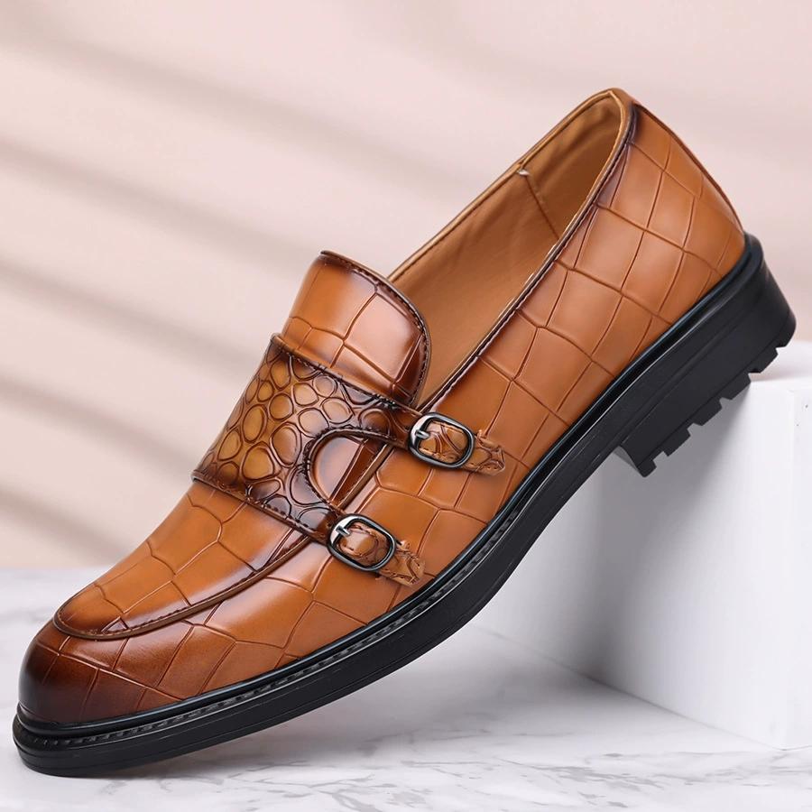 Men Loafers Double Monk Strap Slip on Fashion Casual Penny Footwear Business Wedding Evening PU Leather Pointed Toe Dress Shoes
