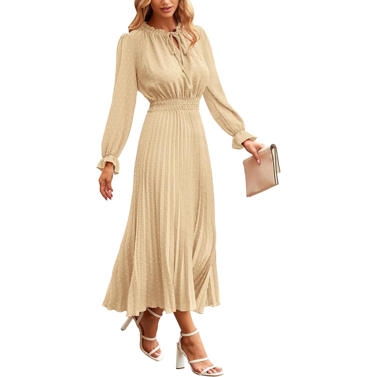 

Women s Summer Fashion Loose V-Neck Long Sleeve Tie Solid Color Dresses M бежевый