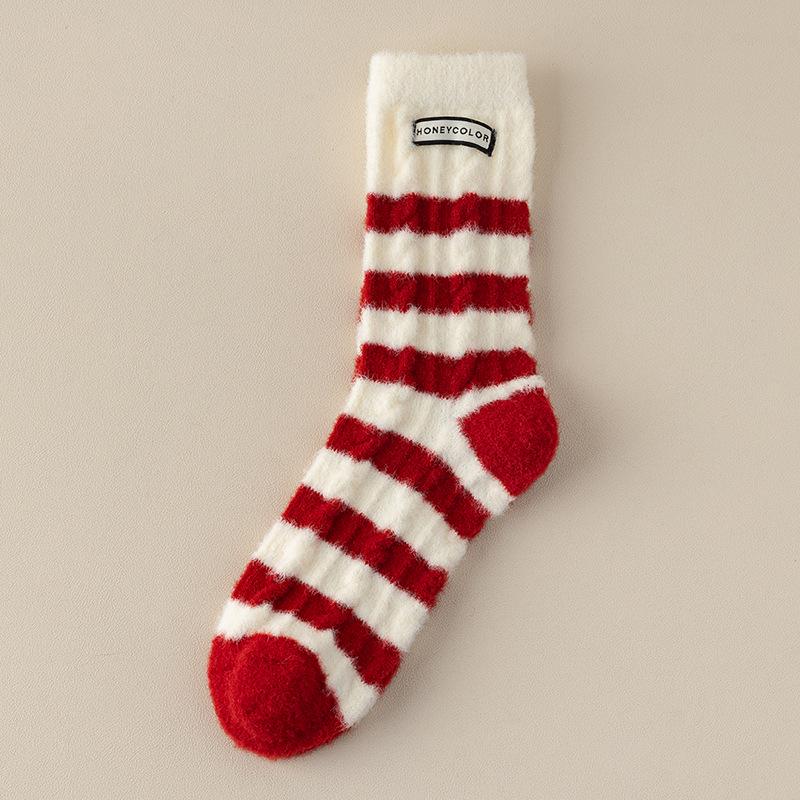 Women's Striped Red Mid-Calf Socks: Thick Warm Mink Velvet for Autumn & Winter