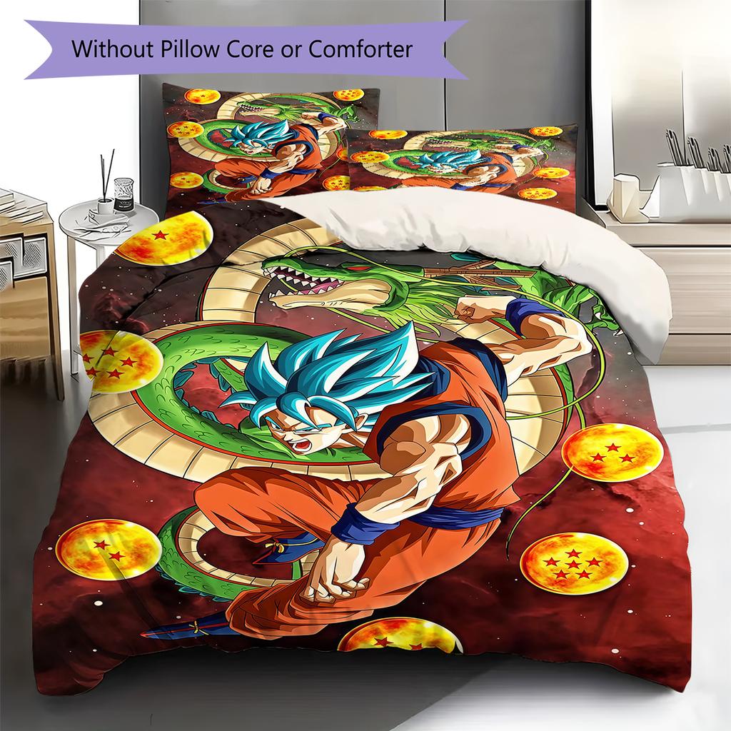 Son Goku Pattern Bedding,Quilt Set Quilt Cover Pillowcase Home Birthday Gift (1 * Duvet Cover + 2 * Pillowcase, Without Core)