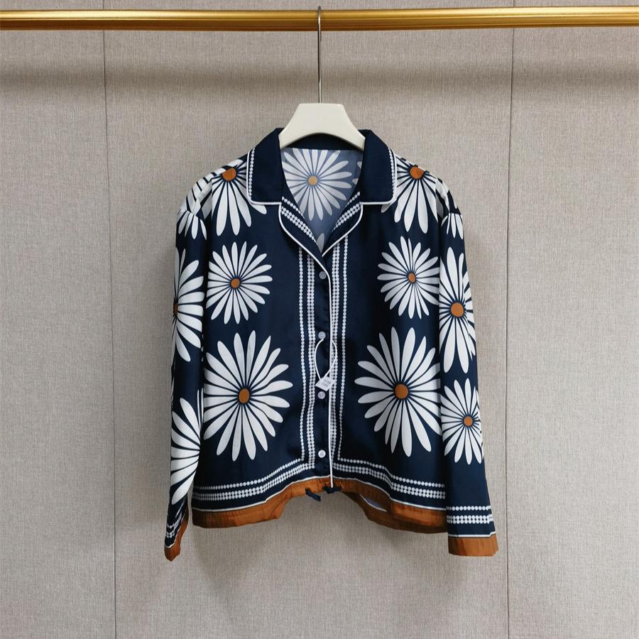 French Retro Daisy Print Drawstring Waist Women s Shirt Small