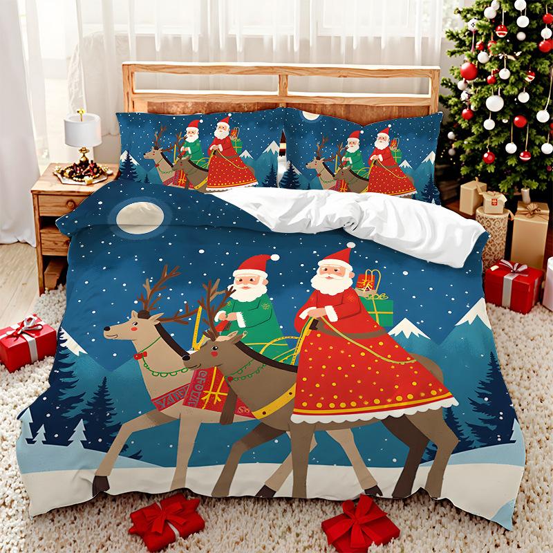3D Digital Printed Bedding Two Or Three Piece Santa And Elk Polyester Quilt Cover