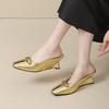 French Wedge Heel Bag Head Cool Slippers Women's Summer Wear Metal Super Versatile Fashion High Heel Muller Half Drag