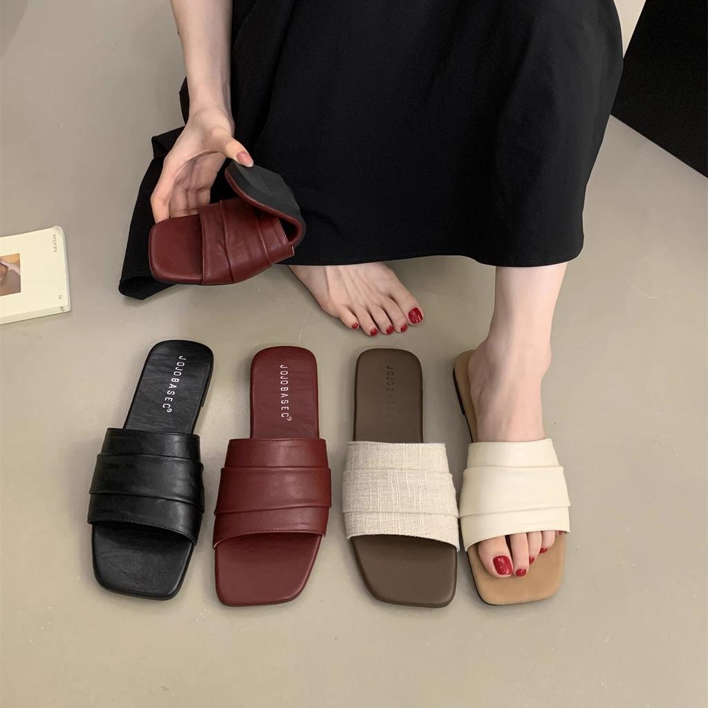 Korean pleated soft leather slippers women wear summer soft flat bottom seaside vacation beach shoes fairy wind sandals