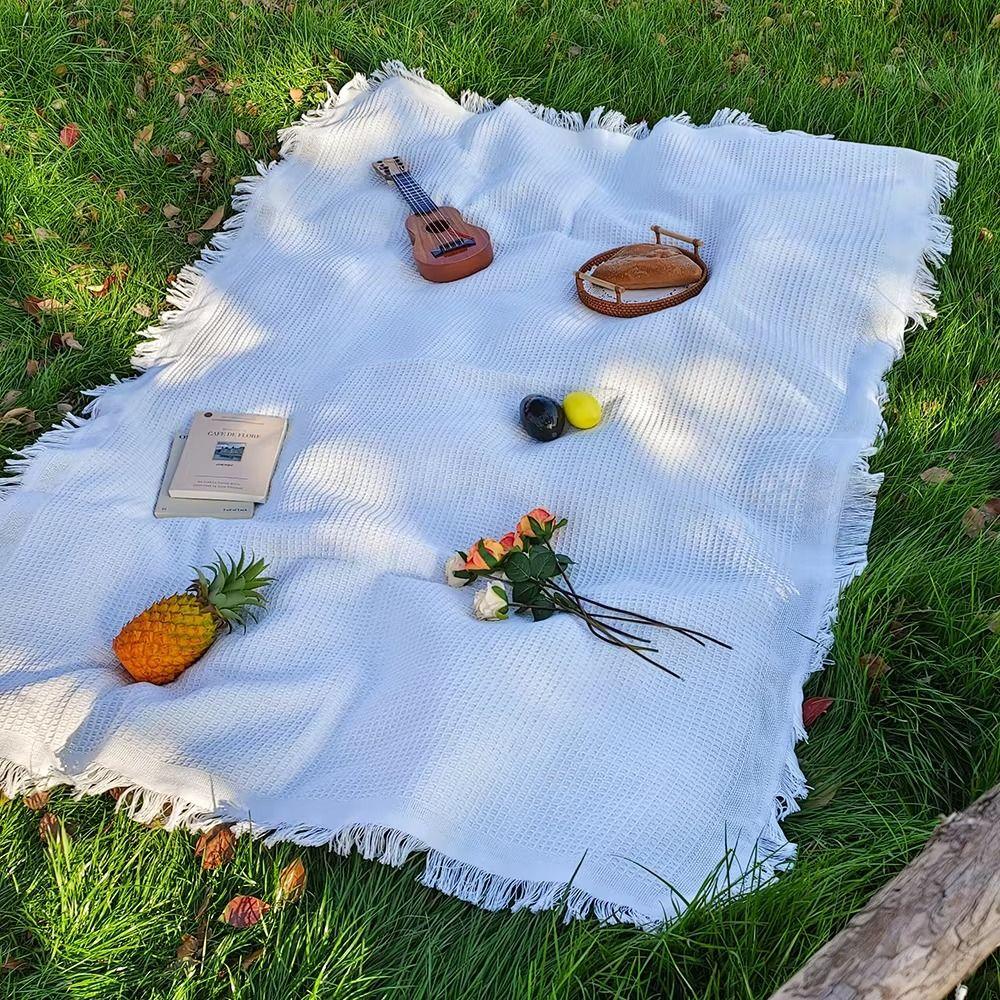 With Tassel Waffle Weave Tablecloth Thickened Outdoor Lawn Floor Mat  Outdoor