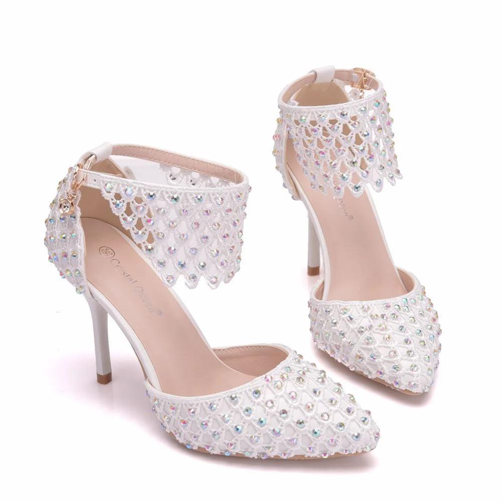 Fashion White Lace Flower Wedding Shoes With Matching Bags High Heels Pointed Toe Ankle Strap Ladies Party Shoe And Bag Set Pearl Shoe