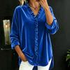 Women's Loose Fit V-Neck Blouse with Button Front and Ruffled Hem Long Sleeve Color Top for Casual Everyday Wear