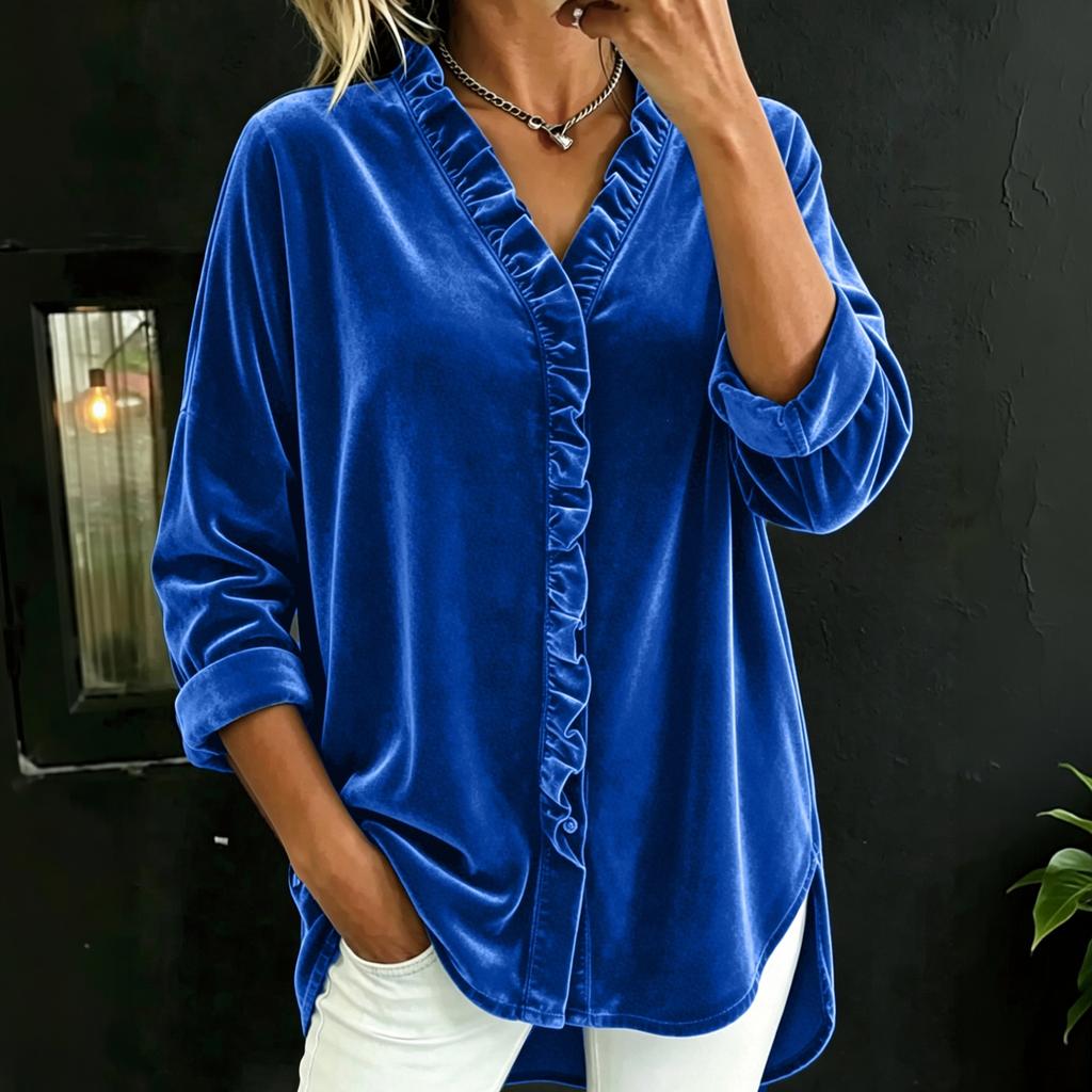 Women's Loose Fit V-Neck Blouse with Button Front and Ruffled Hem Long Sleeve Color Top for Casual Everyday Wear