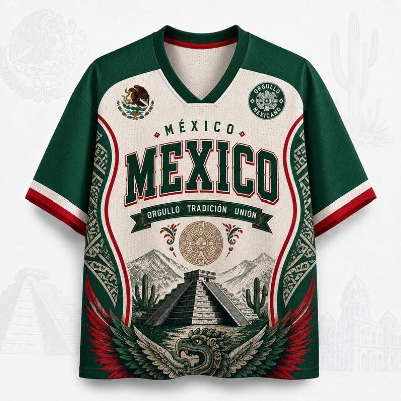 Mexikanisches Nationales Fußballtrikot Herren Aztekische Pyramidenmuster V-Ausschnitt Netz-Fußballhemd Kurzärmeliges Sport-T-Shirt XXS gray