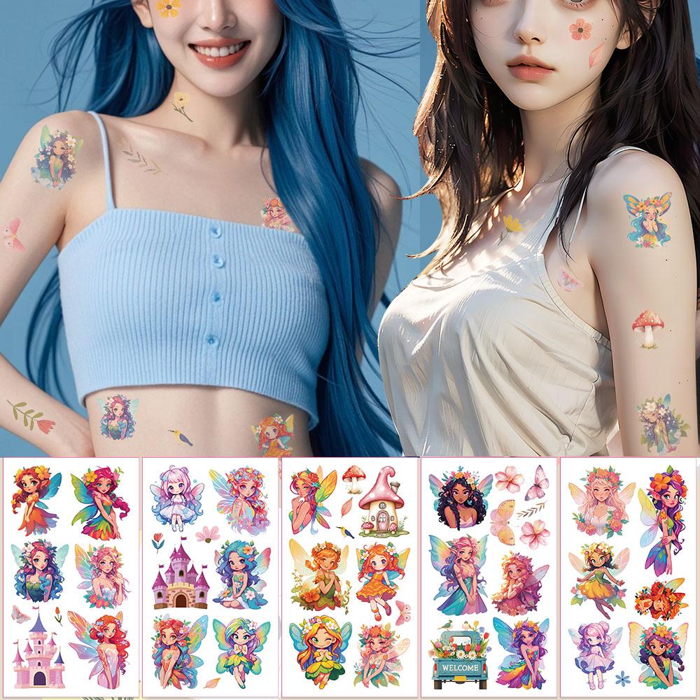 10sheets Colorful Flower Fairy Tattoo Stickers For Face Arm Body Temporary Decorative Tattoo Stickers Girls Creative Gifts
