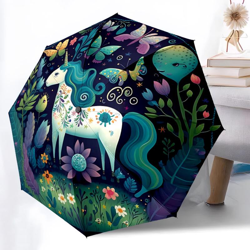 1pc Fantasy Unicorn Automatic Open/Close Umbrella, Windproof, Folding Compact Umbrella with Lightweight Design for Women/Men066