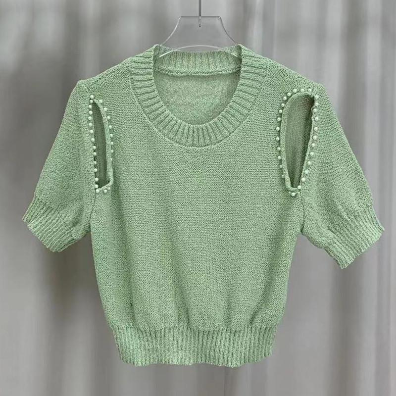 Summer Design Sense Round Neck Doo Beading Thin Short-sleeved Knit Shirt Top Female Casual Summer Essential Comfort and Style Slim Fit Pullovers Tees