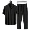 Mens Two Piece Solid Tracksuits Short Sleeve V Neck Shirt & Casual Cropped Pants Set Plus Size