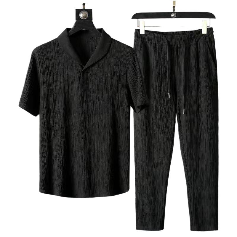 Mens Two Piece Solid Tracksuits Short Sleeve V Neck Shirt & Casual Cropped Pants Set Plus Size