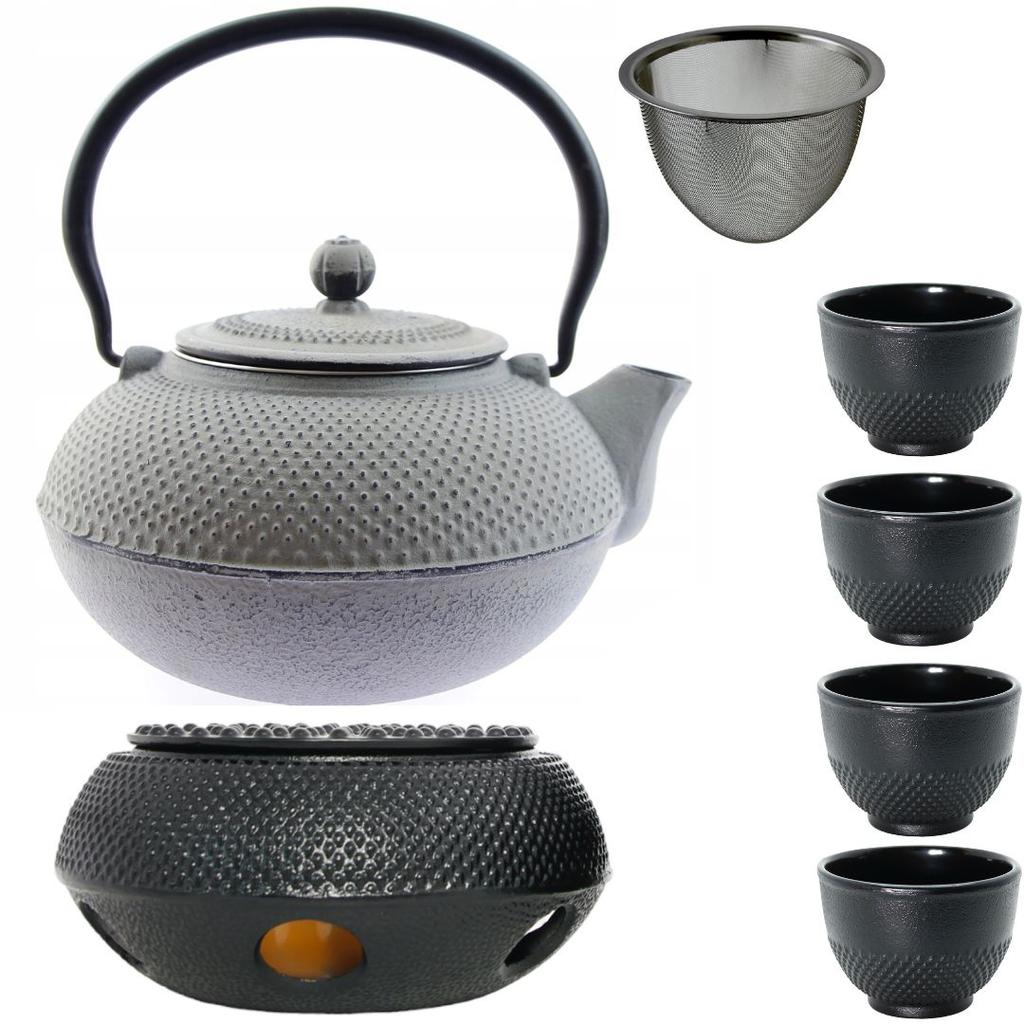 CAST IRON KETTLE 1.5L TEA POT WITH TEA INFUSER + 4x CUPS WARMER