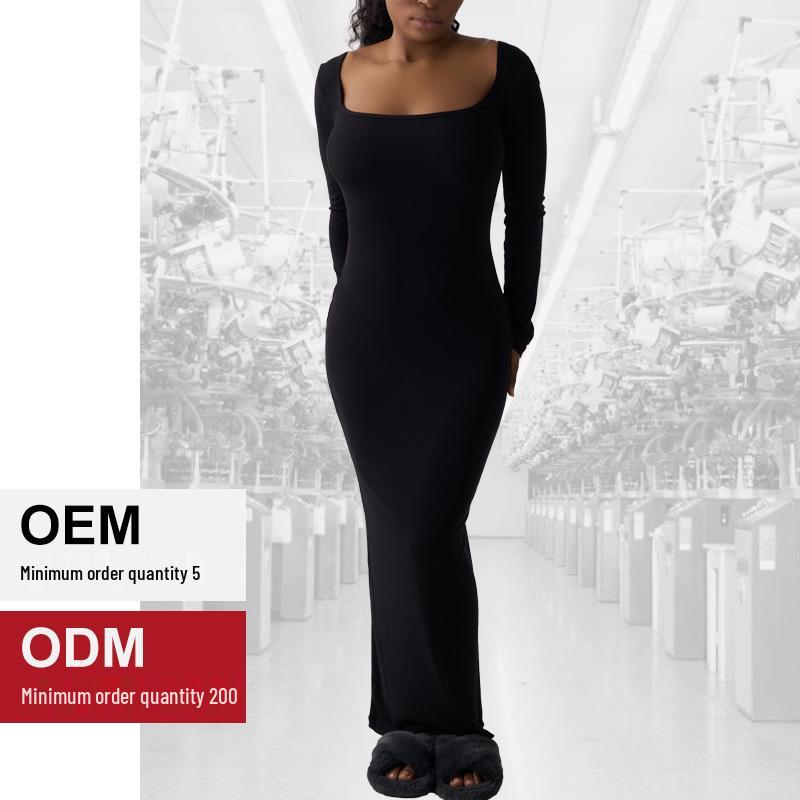 

Autumn U-Neck Ribbed Long Sleeve Bodycon Dress Extra Large чёрный