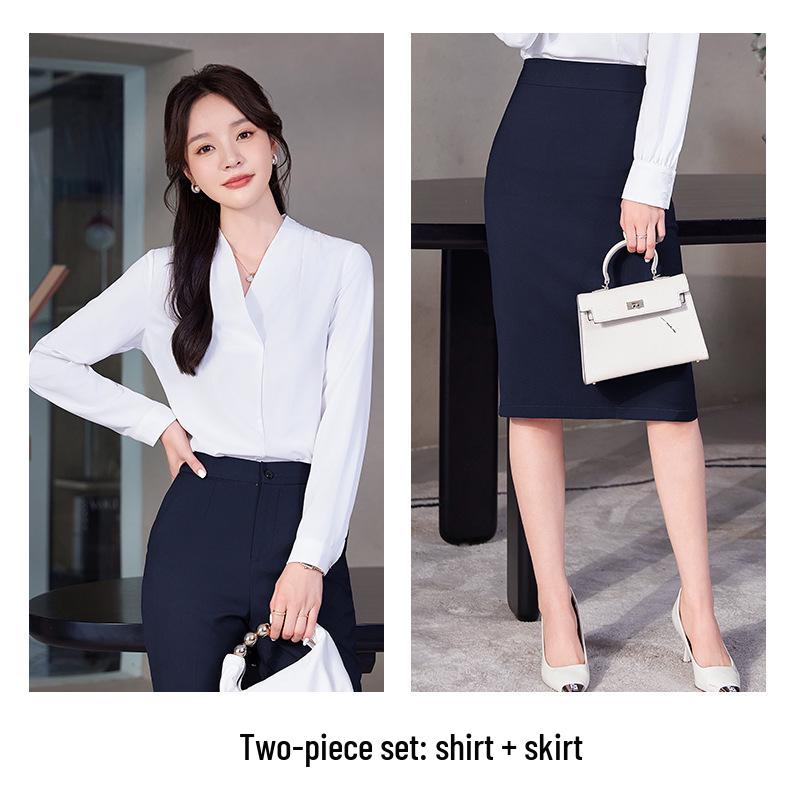 Women's Wrinkle-Resistant Chiffon V-Neck Long-Sleeve Shirt - Collarless White Workwear Top for Autumn