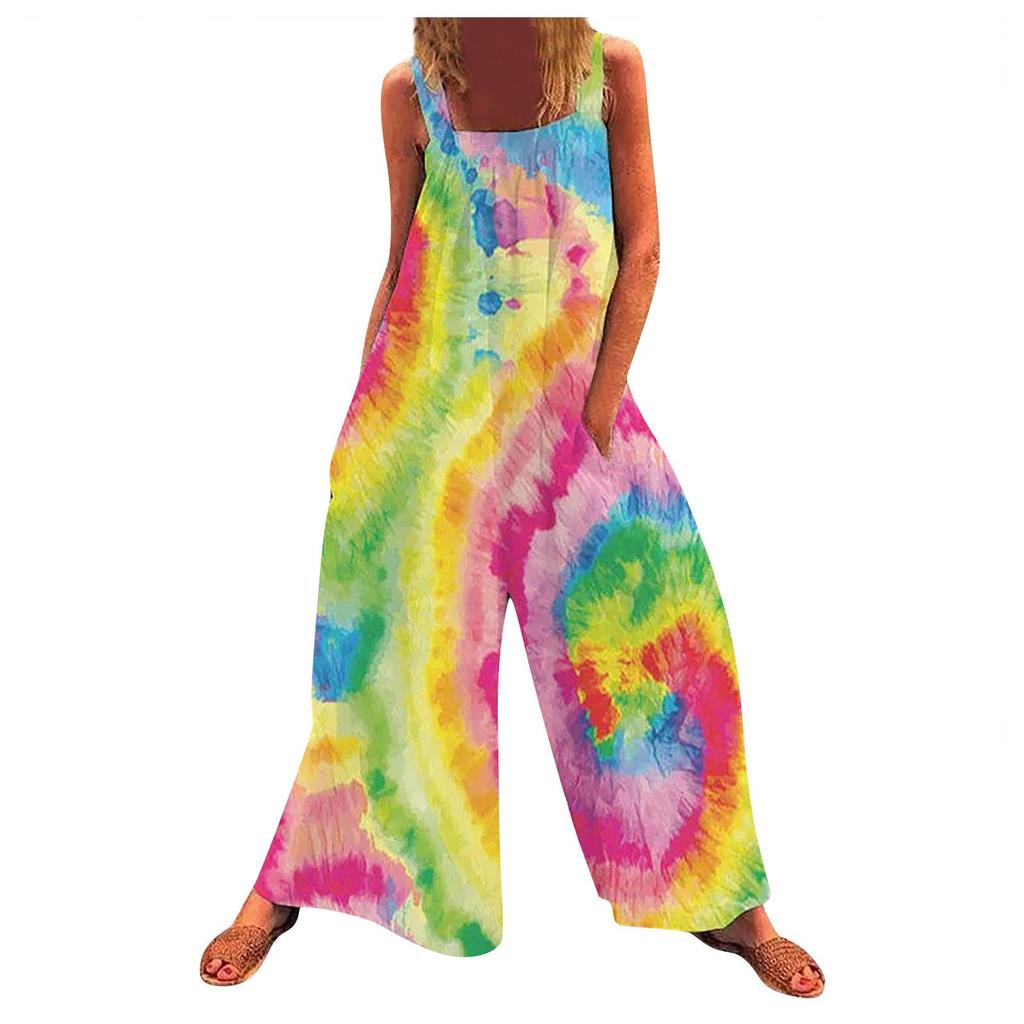 2026 Summer Plus-Size Women's Printed Strappy Wide-Leg Jumpsuit