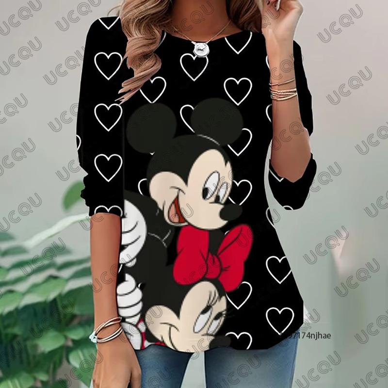

Cartoon Disney Mickey Mouse Print Womens Long Sleeve Tshirt Autumn Fashion Oneck Tees Casual Pullover Oversized Y2K Tops L