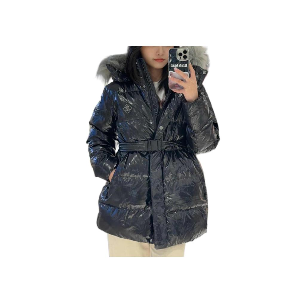 MLB Shiny Large Fur Collar Hooded Waist-Defined Down Jacket Women outerwear Black 3FDJB0326-50BKS