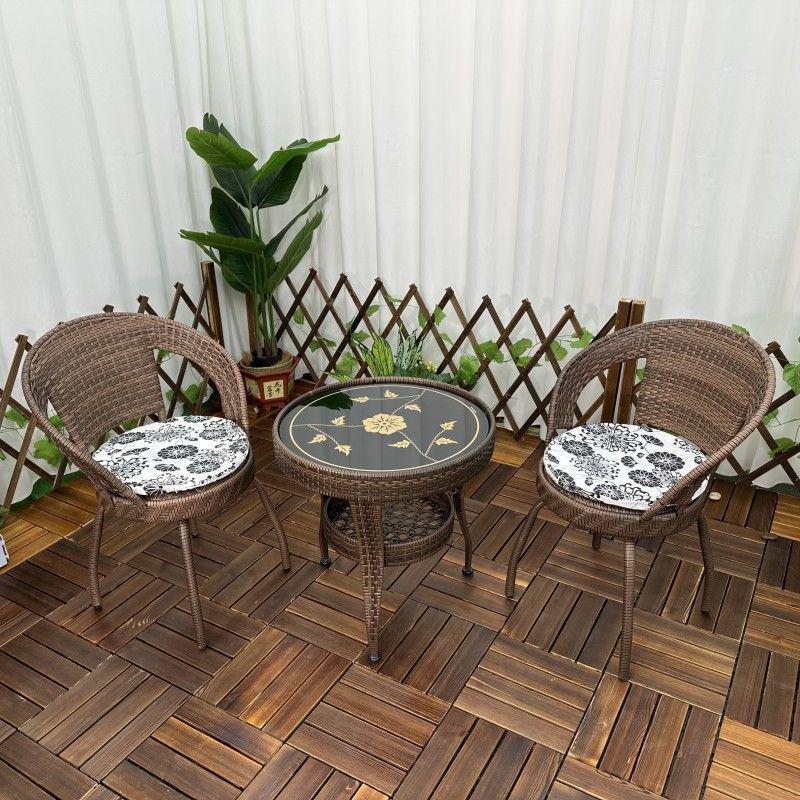Three-Piece Chinese Style Rattan Table and Chair Set - Indoor Balcony Swivel Chair, Durable Round Five-Piece Swivel Design