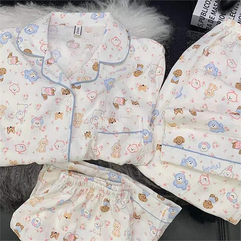 Set de pijamale de vară pentru femei cu pisicuță: Bumbac Nor Scutec cu Mânecă Scurtă, Pantaloni Scurți și Pantaloni Lungi