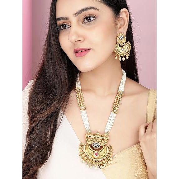 Gold-Plated Handcrafted Artificial Traditional Jewelry Set-Ruby/Kundan Stones & Pearl Beaded Multistrand with Matching Earrings For Women and Girls