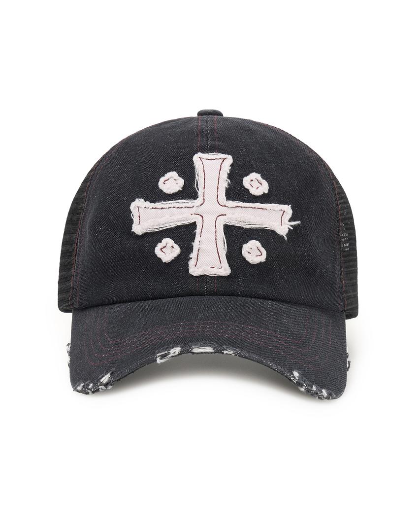 FREEMARIO Cross Damaged Denim Trucker Cap [Black]