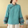 Camicetta da Donna Primavera/Autunno Ricamata a Maniche Lunghe con Collo Rialzato, Chiusura Frontale a Bottoni, Cotone-Lino: Camicia Retro Stile Cinese