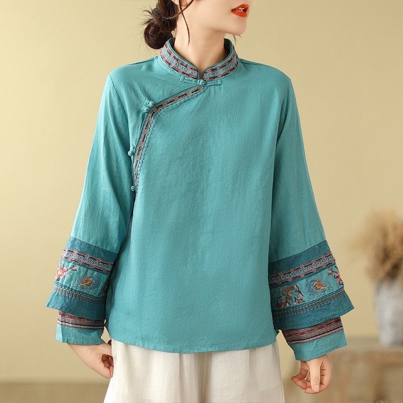 Camicetta da Donna Primavera/Autunno Ricamata a Maniche Lunghe con Collo Rialzato, Chiusura Frontale a Bottoni, Cotone-Lino: Camicia Retro Stile Cinese