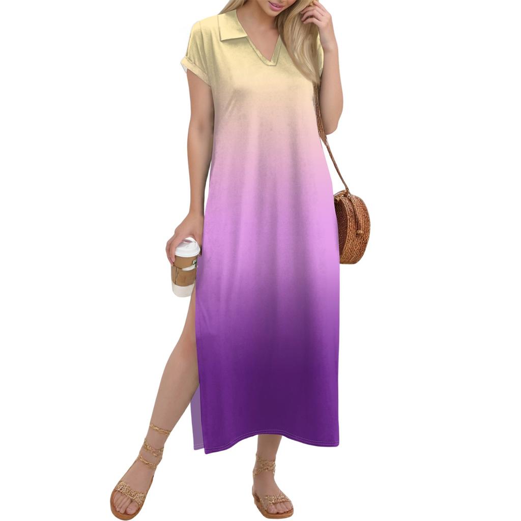 Damen Langer Rock Lässiges V-Ausschnitt Langes Hemdkleid Lockerer Schlitz Urlaub Kurzarmkleid