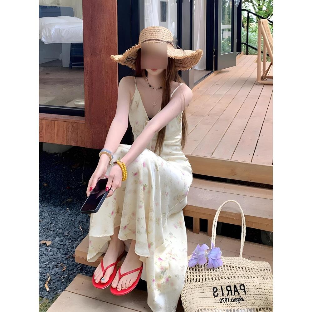 V-Ausschnitt Blumenkleid Damen Sommer sanfter Resort-Stil lässiges Damen-Sommerkleid Maxirock