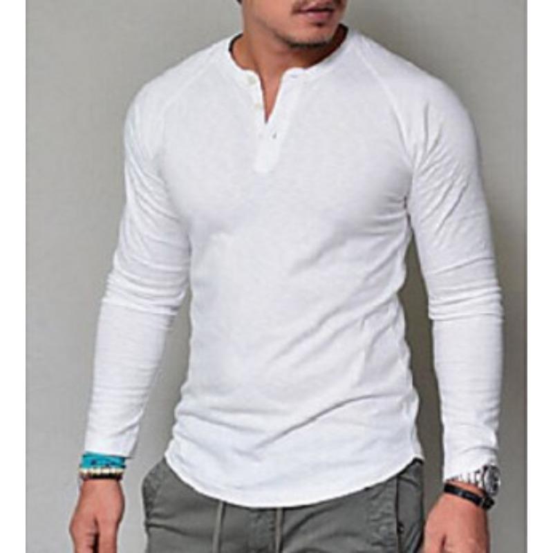 Mens Long Sleeve Henley T Shirt Solid Color Slim Fit Casual