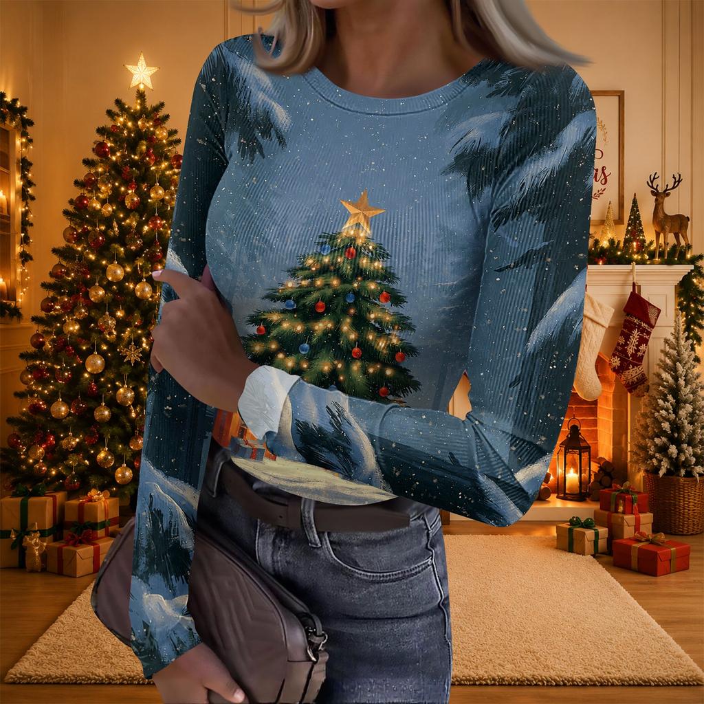 Women's Casual Christmas Print Long Sleeve Ribbed Neck Top