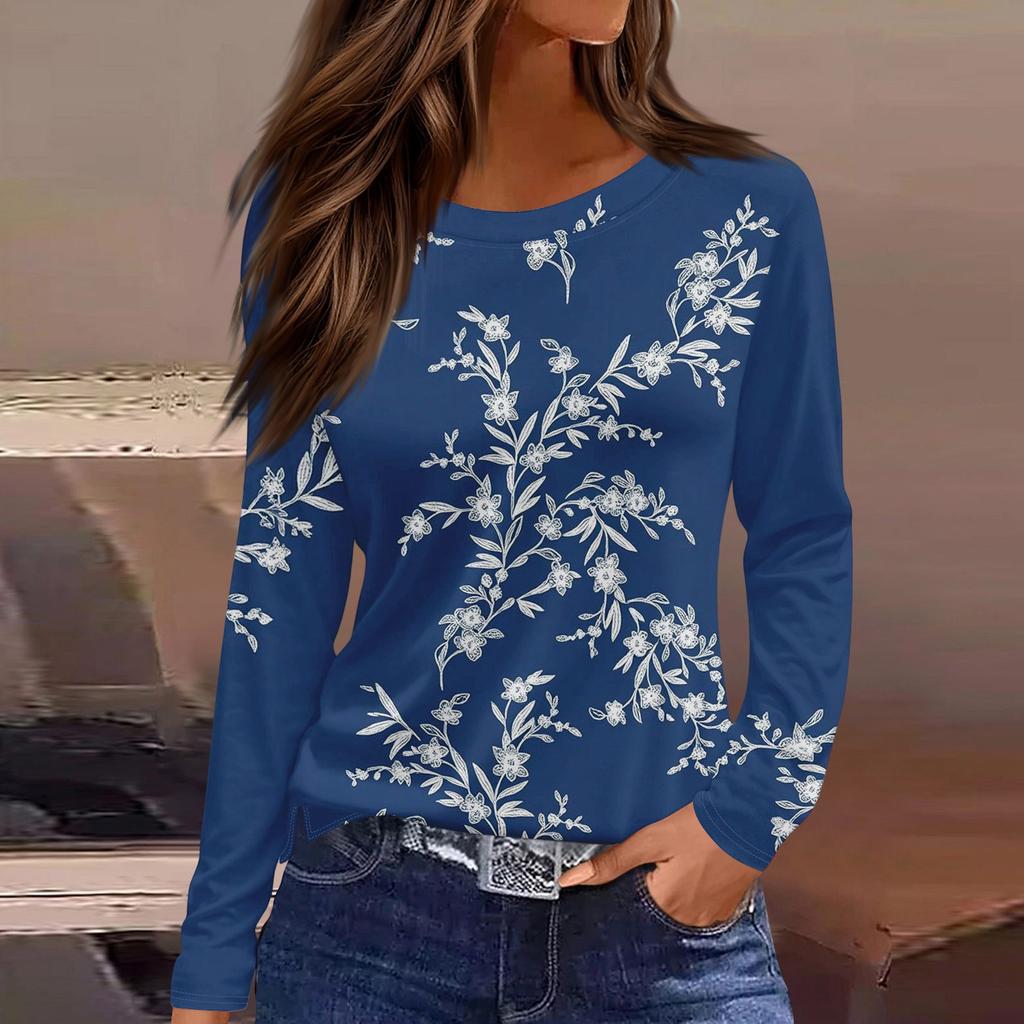 Dames casual T-shirt met split aan de zoom, ronde hals, lange mouwen en losse print.