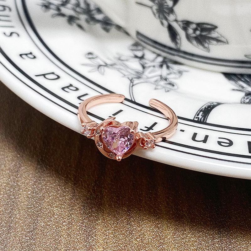 Sweet Cool Rose Gold Pink Love Zir*****Pen Ring Niche Light Luxury High-End Girlfriend Index Finger Ring Adjustable opening