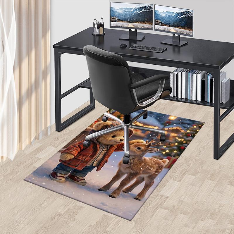 

1pc Christmas Deer and Bear Plaid Hoodie Chair Mat - Anime Cartoon Design Office Chair Pad - Non-Slip Carpet for Home Decor, Living Room, Bedroom, Gam 60cm by 90cm