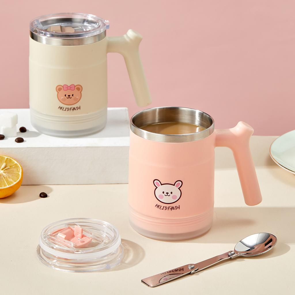 304 Stainless Steel Milk Coffee Mug With Folding Spoon Cute Double Wall Water Cup Portable Durable Sealed Drinking Cup