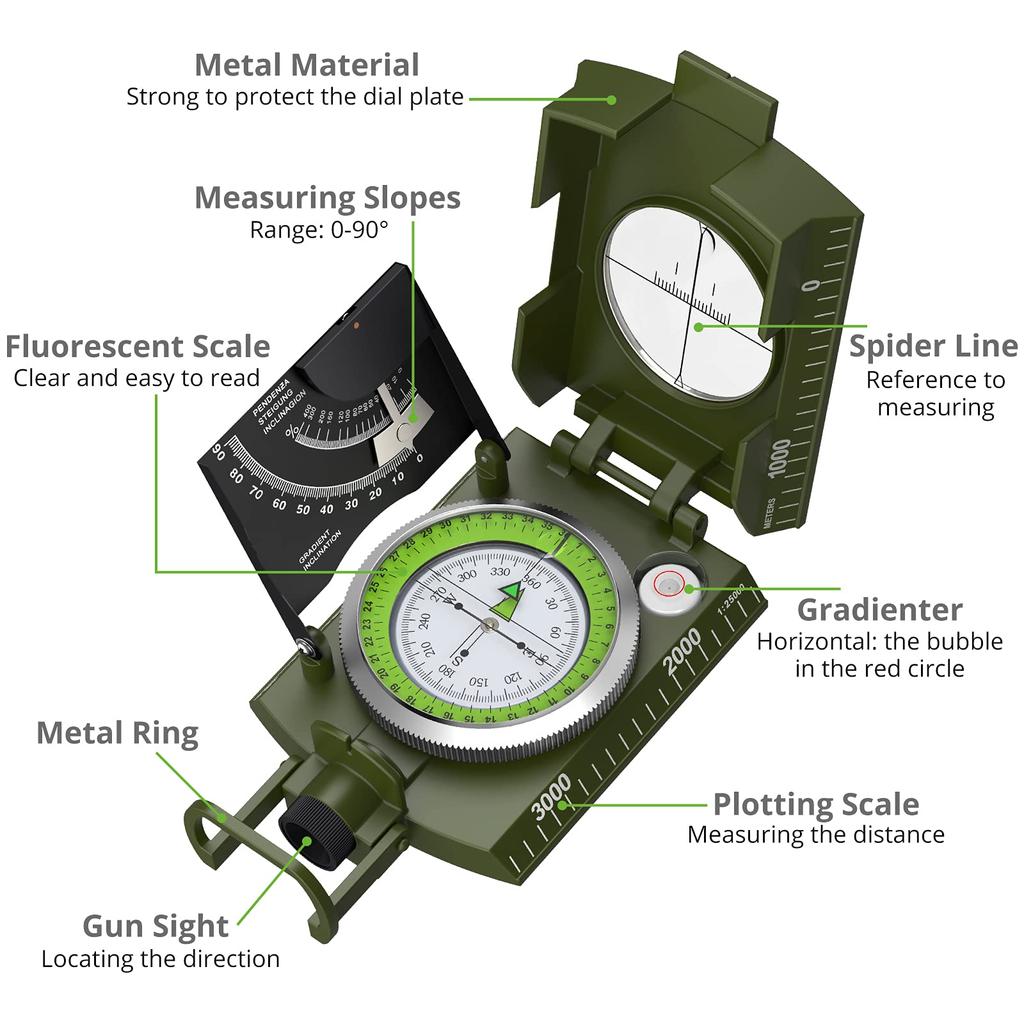 Proster Compass, High Precision, Zinc Alloy, with Inclinometer, IP65 Waterproof, Foldable, Suitable for Outdoor Activities Such as Mountaineering,