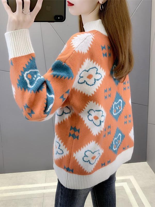 2024 Damenmode: Verdickter Jacquard-Lockerstrickpullover mit halbohem Kragen für Herbst und Winter